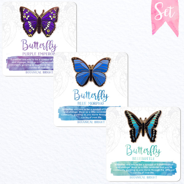 Blue Morpho, Bluebottle and Purple Emperor Butterfly Pin Set