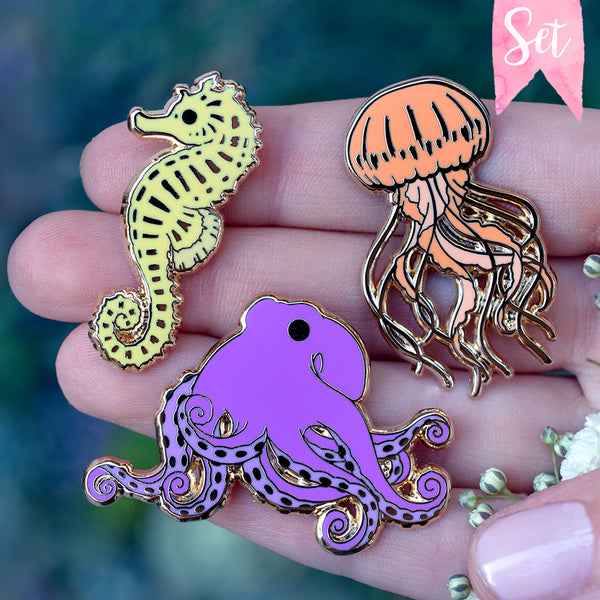 Octopus, Seahorse and Jellyfish Enamel Pin Set