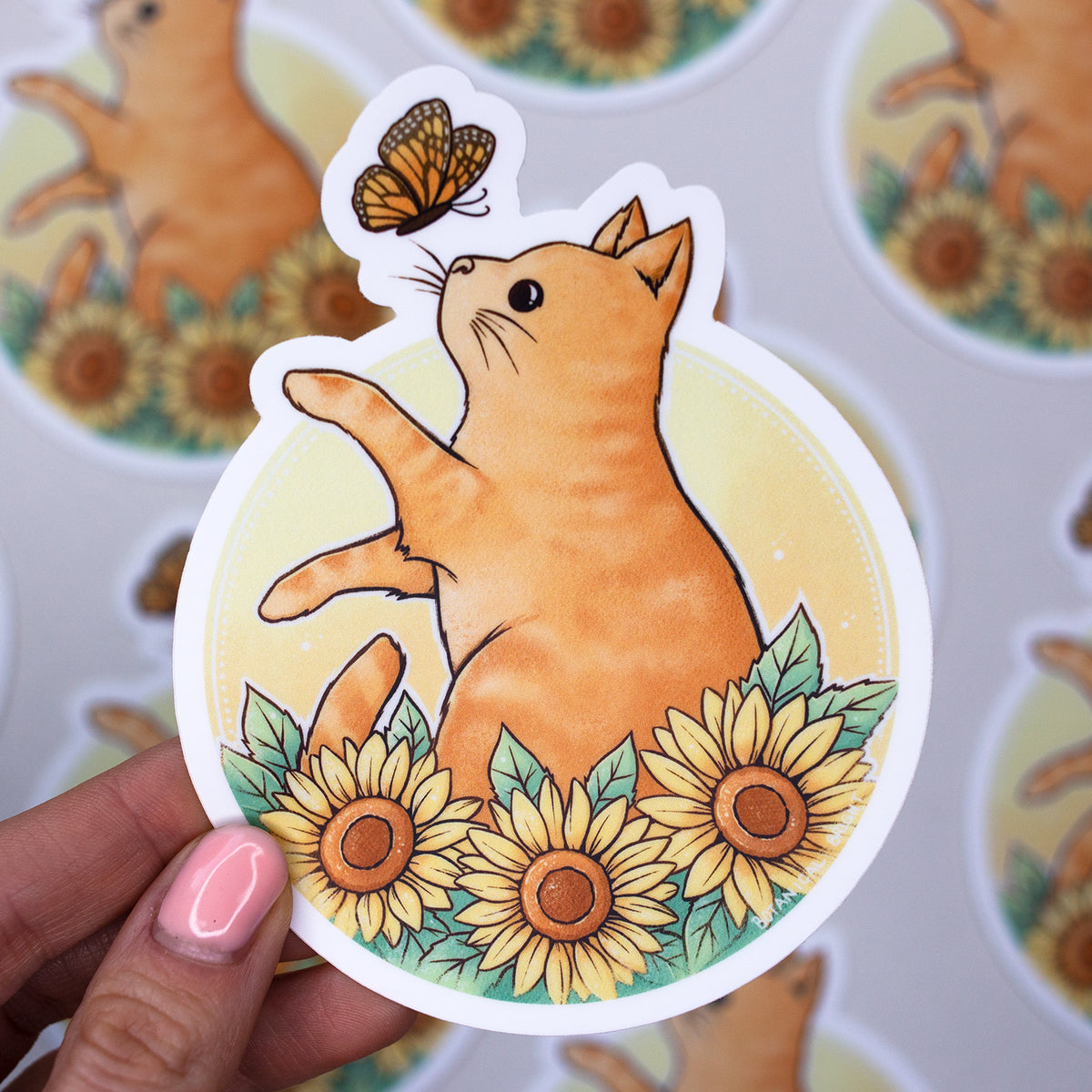 Sunflower Cat Waterproof Vinyl Sticker Botanical Bright Add a