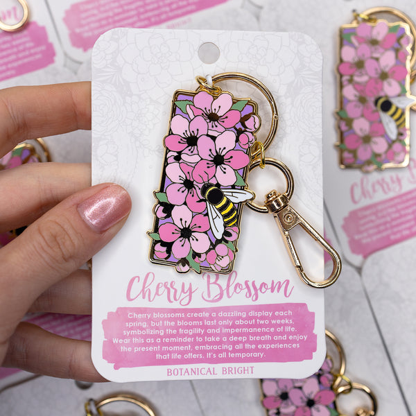 Bee and Cherry Blossom Enamel Keychain