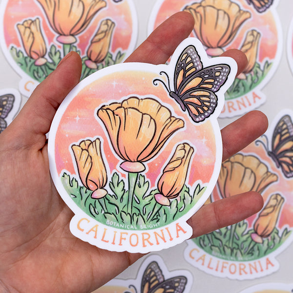 California Poppy and Monarch Waterproof Vinyl Sticker