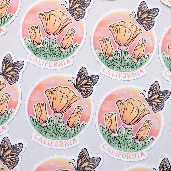 California Poppy and Monarch Waterproof Vinyl Sticker