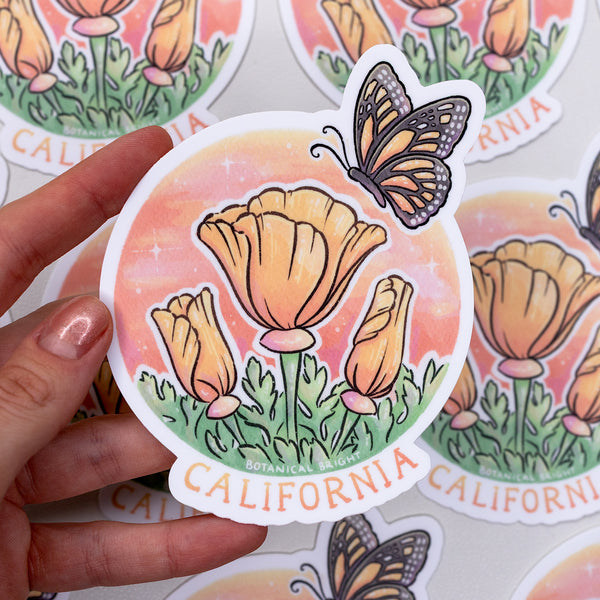 California Poppy and Monarch Waterproof Vinyl Sticker