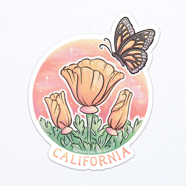 California Poppy and Monarch Waterproof Vinyl Sticker