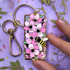 Bee and Cherry Blossom Enamel Keychain