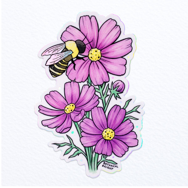 Bee and Cosmos Waterproof Sticker with Holographic Details