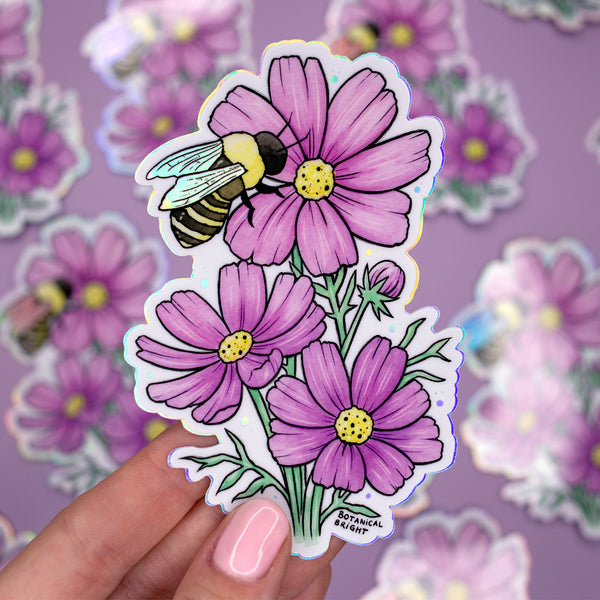 Bee and Cosmos Waterproof Sticker with Holographic Details