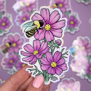 Bee and Cosmos Waterproof Sticker with Holographic Details