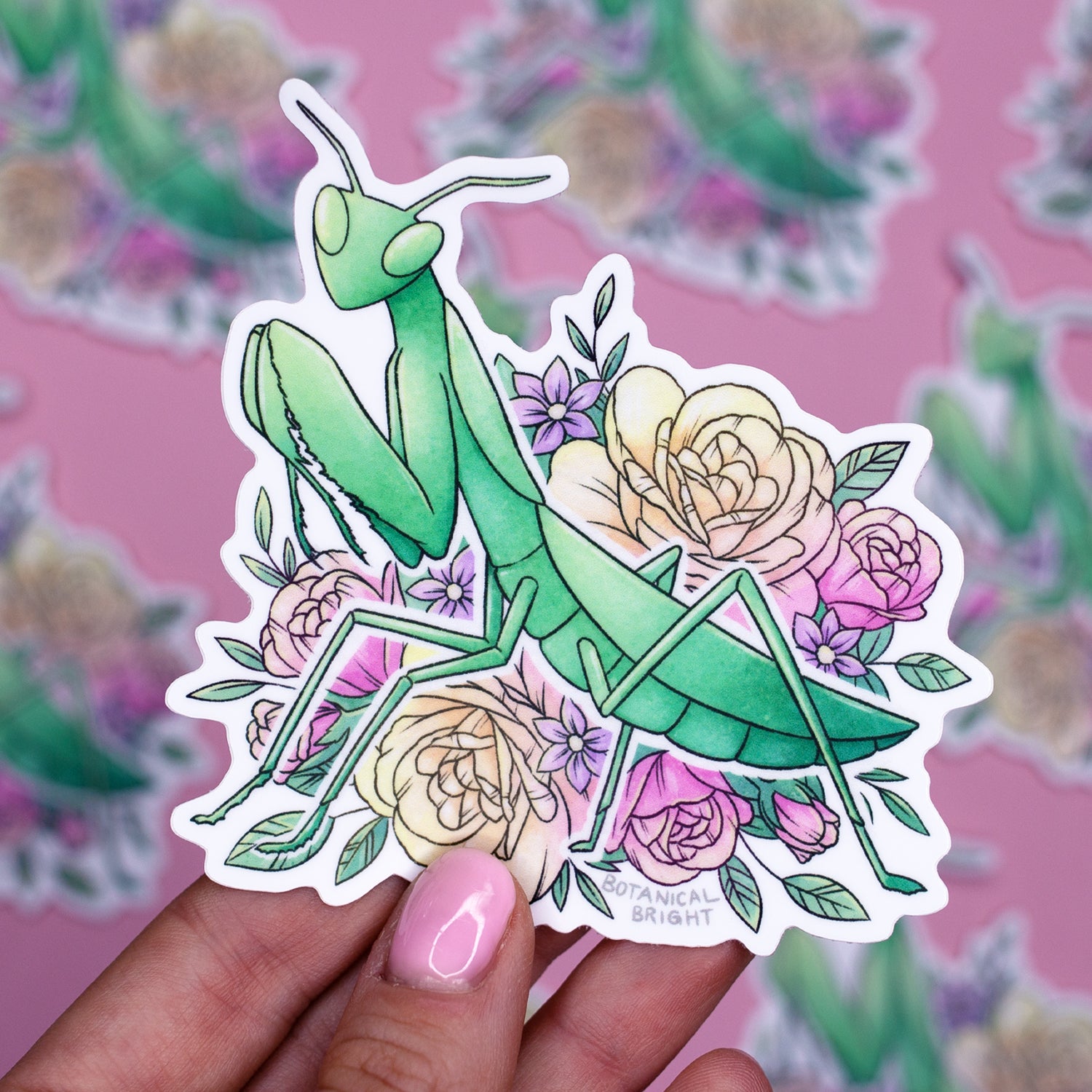 European Praying Mantis with Roses Waterproof Vinyl Sticker – Botanical ...