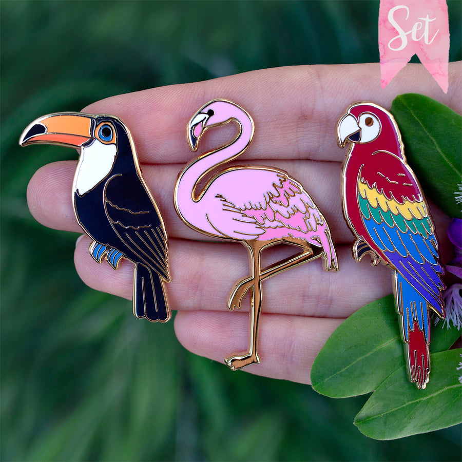 Flamingo, Toucan & Scarlet Macaw Enamel Pin Set