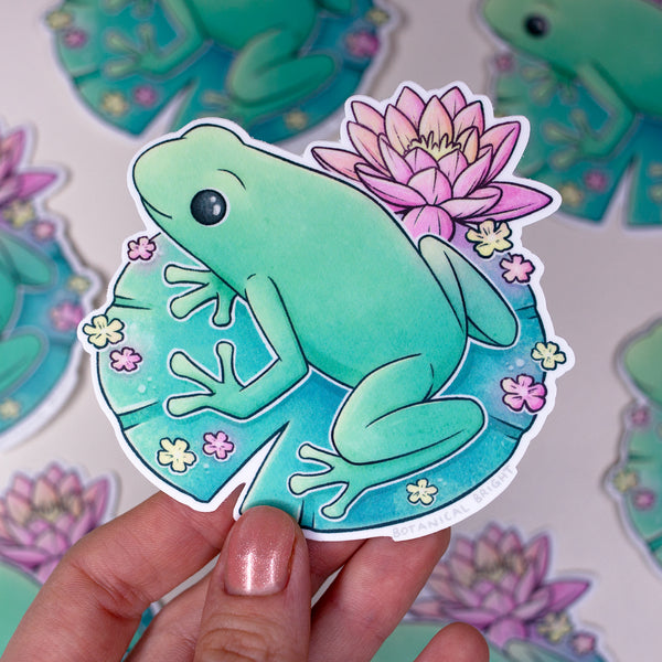 Frog and Waterlily Waterproof Vinyl Sticker