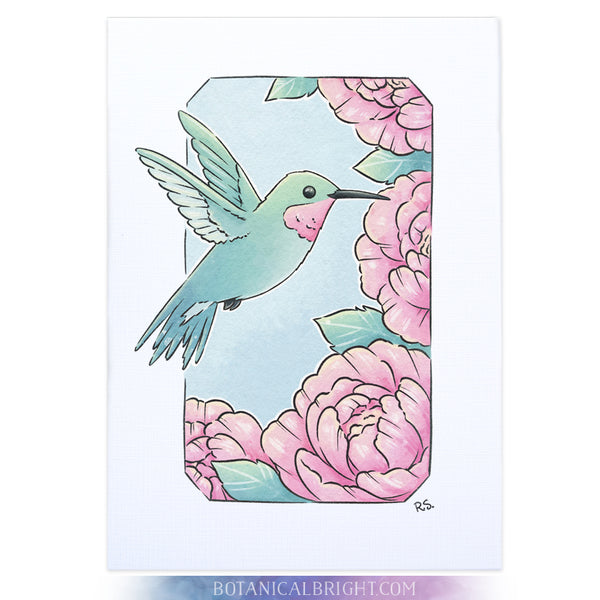 Hummingbird with Peonies Art Print