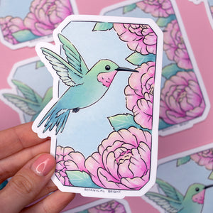 Hummingbird with Peonies Waterproof Vinyl Sticker