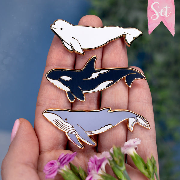 Beluga, Orca and Humpback Whale Enamel Pin Set