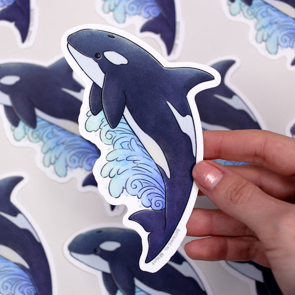 Orca Whale Riding a Wave Waterproof Vinyl Sticker