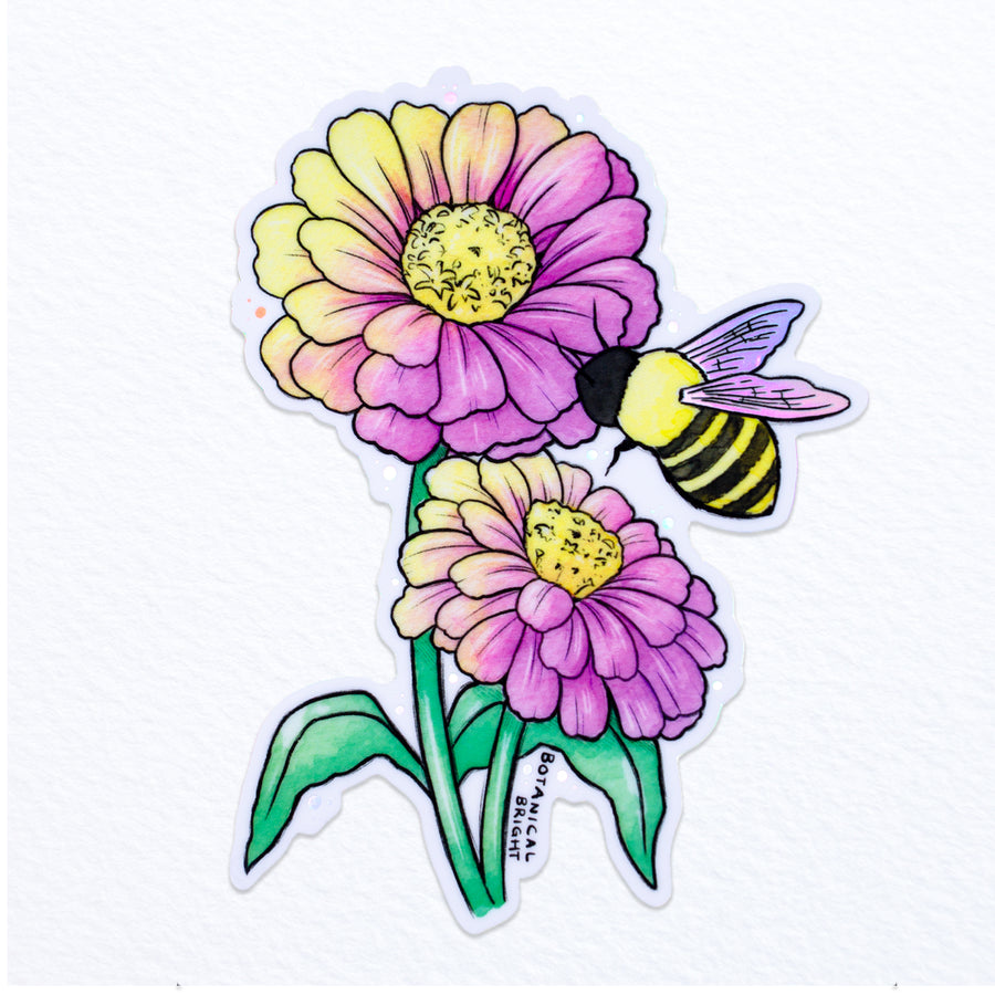 Bee and Zinnias Waterproof Sticker with Holographic Details