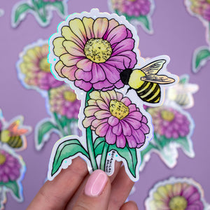 Bee and Zinnias Waterproof Sticker with Holographic Details
