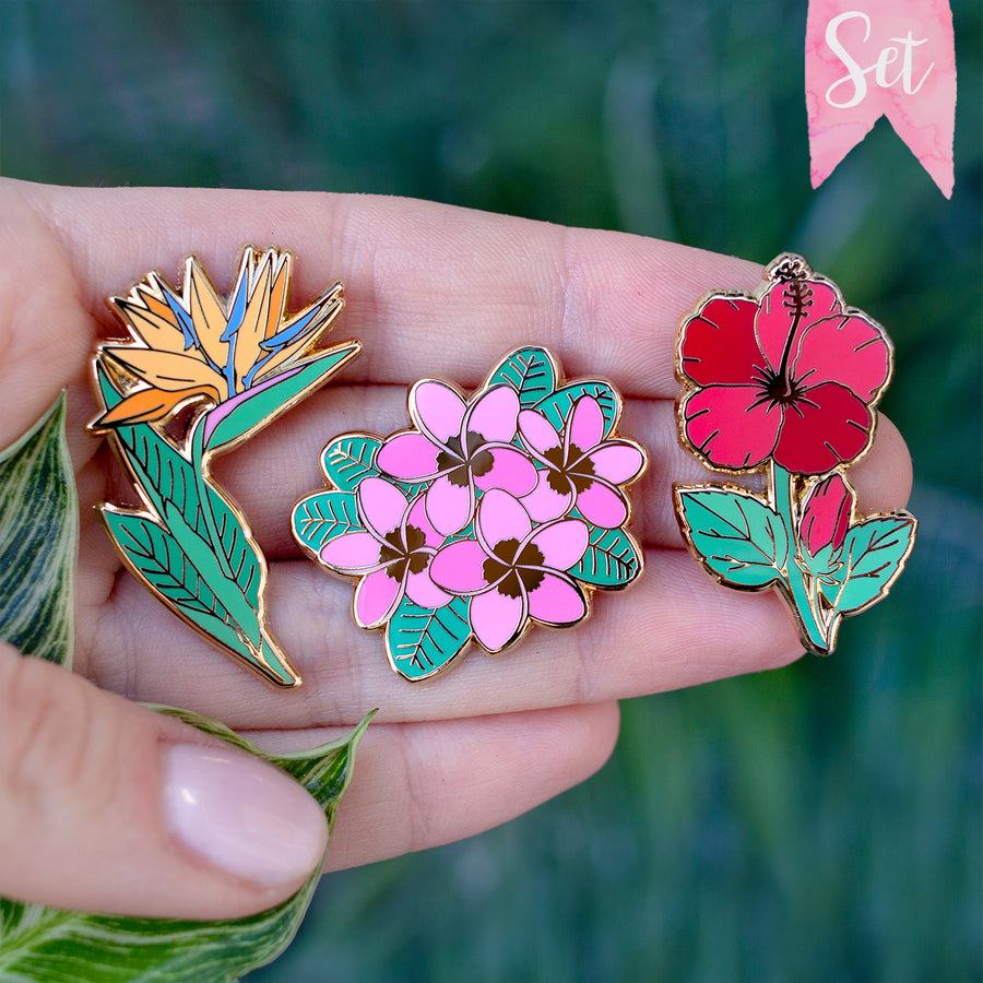 Hibiscus, Plumeria and Bird of Paradise Enamel Pin Set – Botanical Bright -  Add a Little Beauty to Your Everyday