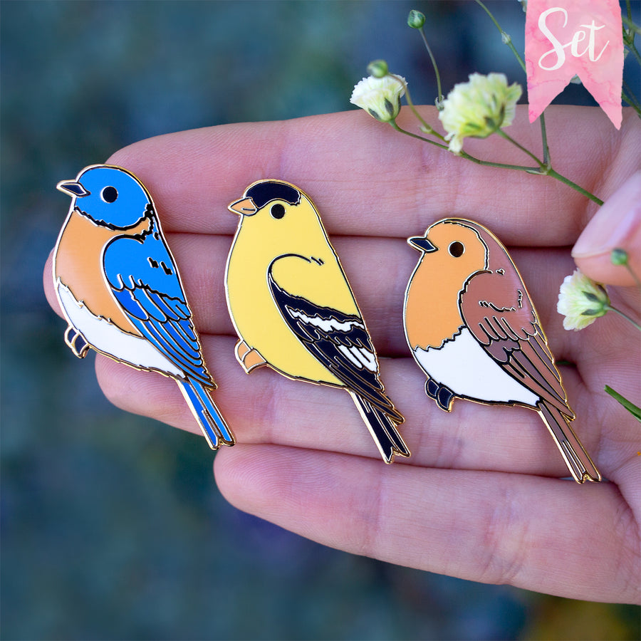 Bluebird, Goldfinch and Robin Enamel Pin Set