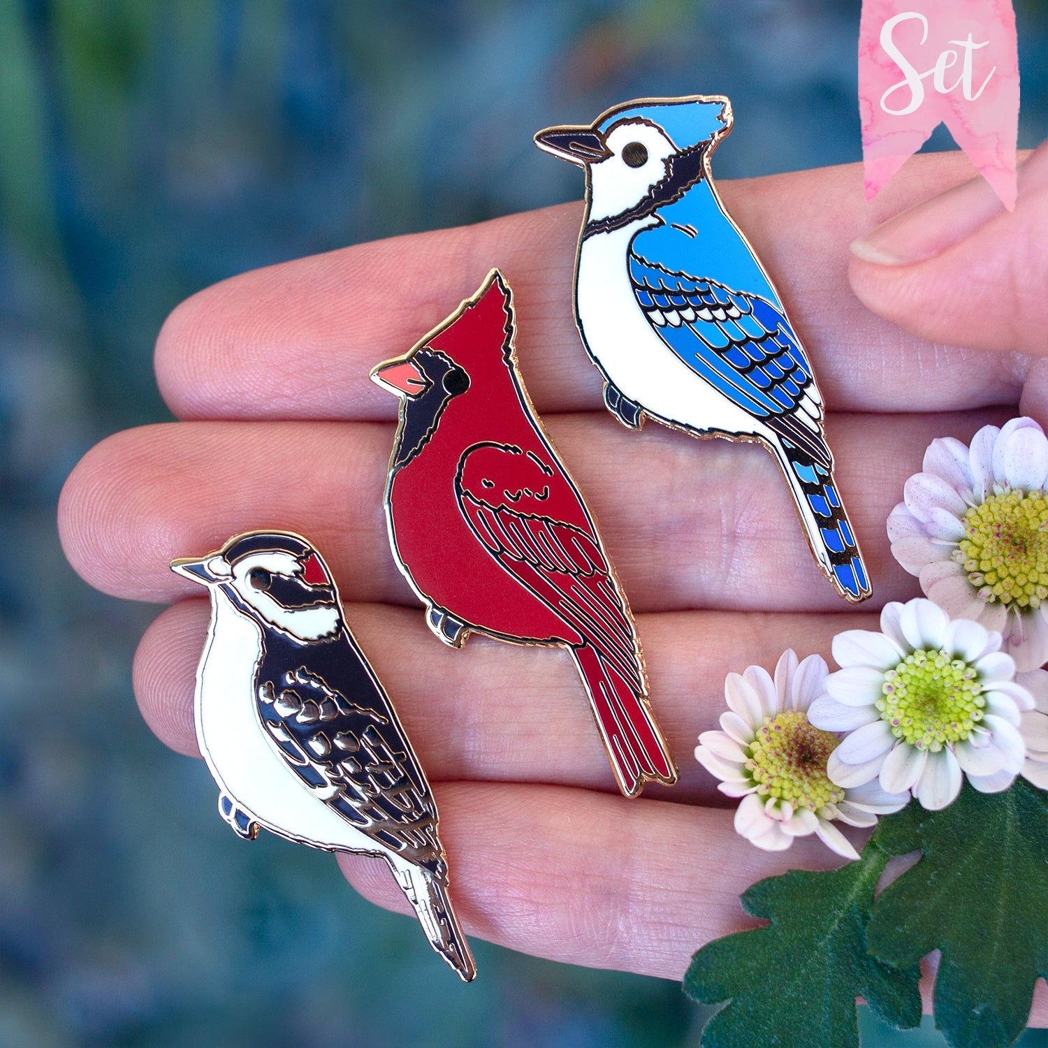 Cardinal, Blue Jay & Woodpecker Enamel Pin Set – Botanical Bright