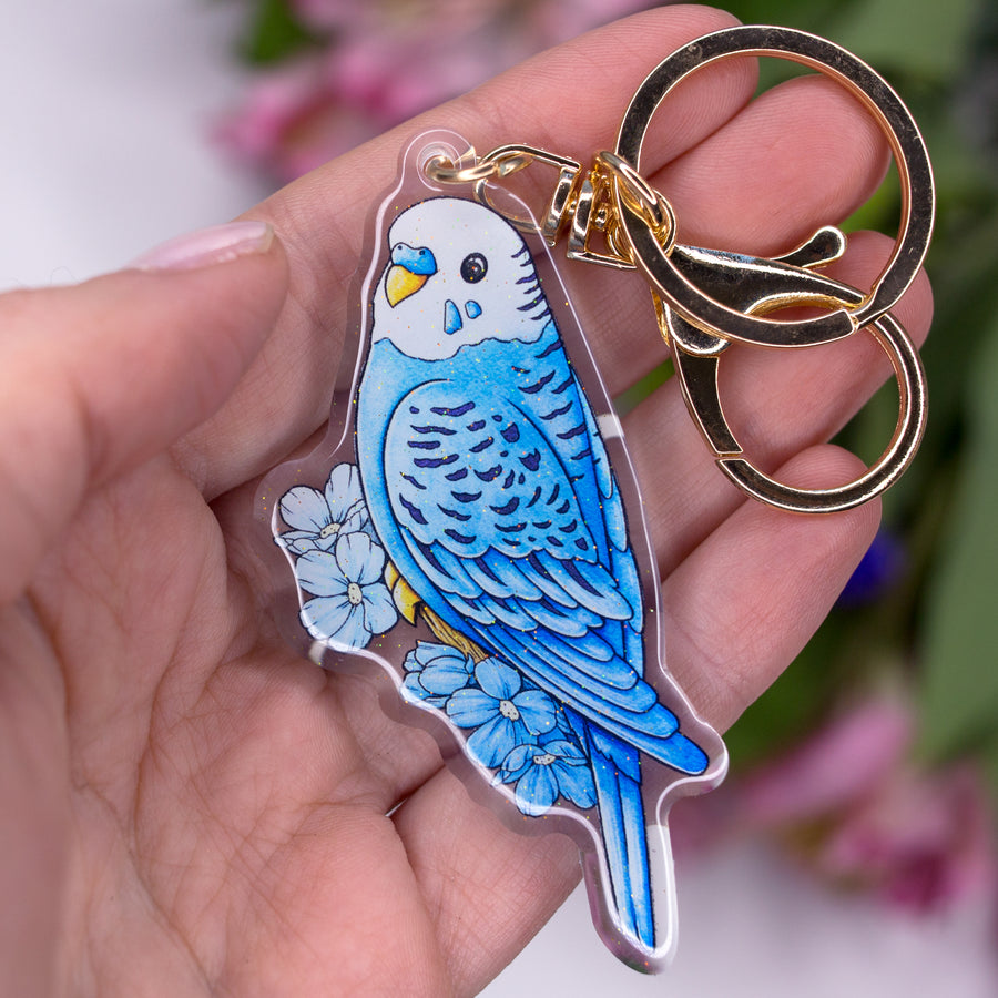 Blue Parakeet Glitter Acrylic Keychain