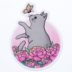 Peony Cat Waterproof Vinyl Sticker