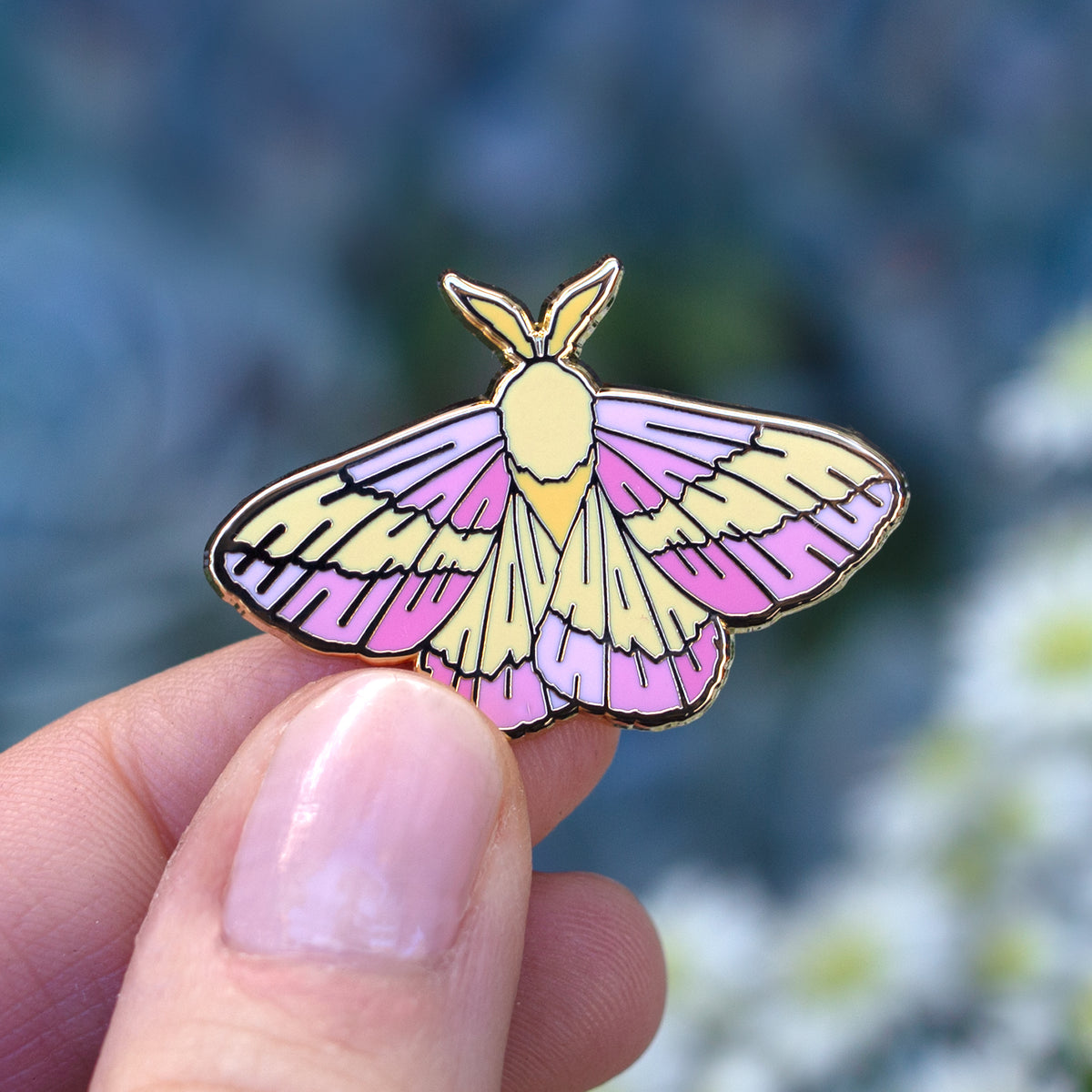 Rosy Maple Moth Enamel Pin – Botanical Bright